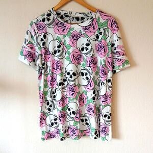 Blumin Apparel Skulls And Roses All Over Print Soft Tee